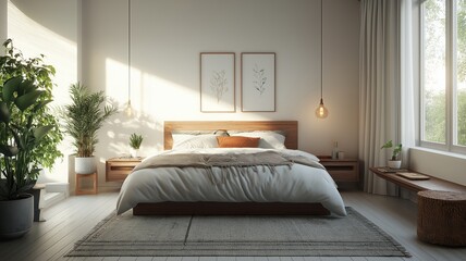 Minimalist Bedroom with Natural Light and Wooden Accents
