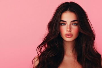 Naklejka premium Beautiful woman with long wavy hair on a pink background. Ad for shampoo conditioner hair products .geneative ai