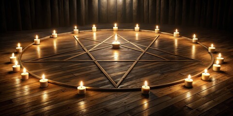 Occult Pentagram Circle with Candle Flames on Wooden Floor in Dark Room