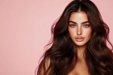 Naklejka premium Beautiful woman with long wavy hair on a pink background. Ad for shampoo conditioner hair products .geneative ai