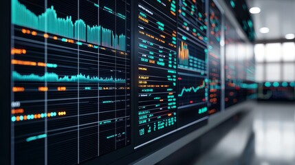 Close-up of digital analytics on a monitor displaying financial data and graphs, representing technology and data analysis.