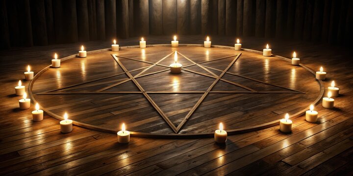 Occult Pentagram Circle with Candle Flames on Wooden Floor in Dark Room