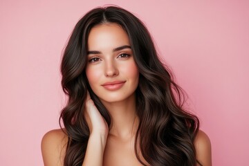 Fototapeta premium Beautiful woman with long wavy hair on a pink background. Ad for shampoo conditioner hair products .geneative ai