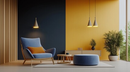 Modern Living Room with Blue Chair and Yellow Accent Wall