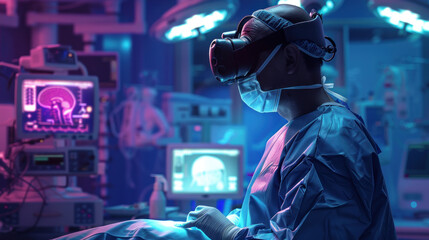 Naklejka premium A surgeon performing minimally invasive surgery in a virtual reality environment, where every movement is perfectly calibrated to reduce impact on the patient