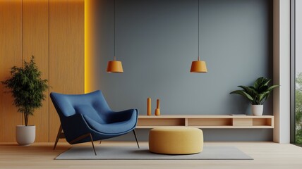 Modern Living Room with Blue Chair and Yellow Accent Wall
