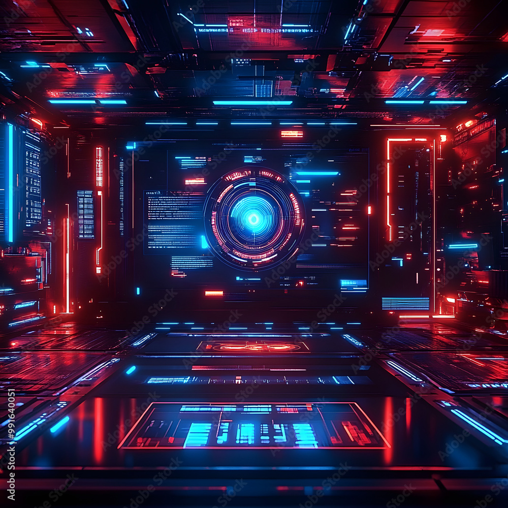 Poster abstract technology background for gaming interfaces, featuring futuristic hud elements, neon overla