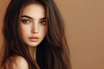 Fototapeta premium Beautiful young woman with long hair on brown background, closeup. Ad for shampoo conditioner hair products. Girl with beautiful healthy long shiny brown hair .geneative ai