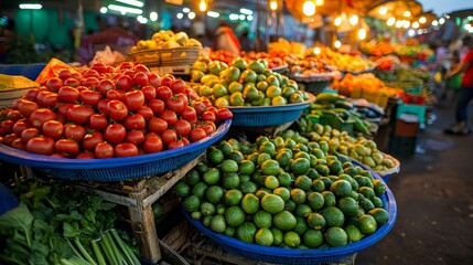 Vibrant market scene showcasing fresh tomatoes and limes stacked in colorful baskets under warm lights.