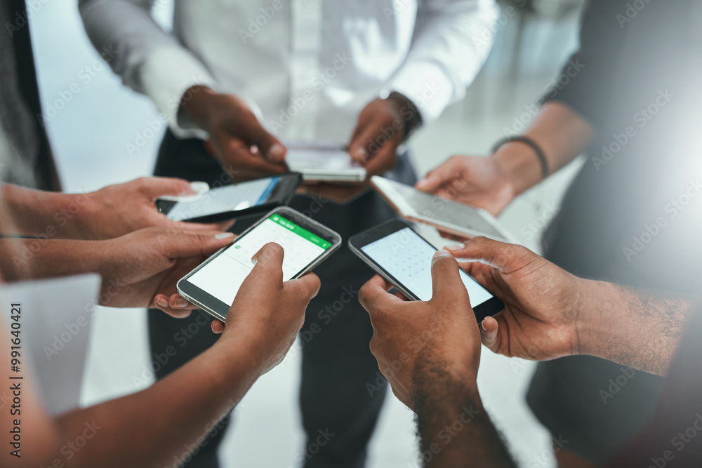 Aufkleber hands, business people and team with phone screen in circle for networking, social or communication.