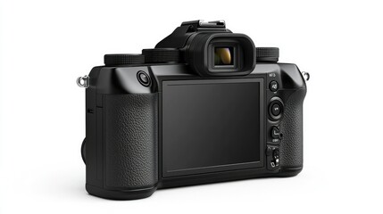 High-resolution side view of a digital black mirrorless camera with blank LCD screen, isolated against a white background, crisp and detailed