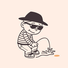 a black and white line drawing of a cartoon character. The character is wearing a striped shirt, a black hat, and sunglasses 