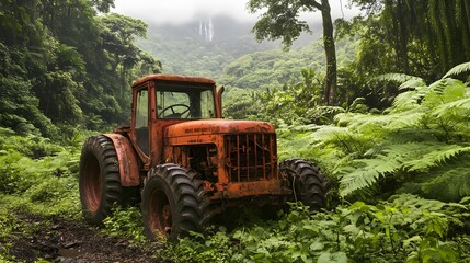 Obraz premium Rusty Old Tractor, Abandoned in the Forest, Overgrown with Vegetation, Abstract Image, Texture, Pattern Background, Wallpaper, Cover and Screen for Smartphone, PC, Laptop, 9:16 and 16:9 Format