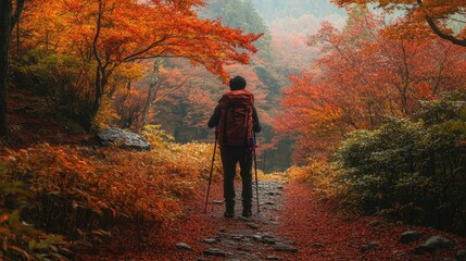 Obraz premium Hiker standing on a trail near Tsuta Onsen, taking in the breathtaking autumn scenery of red and orange leaves covering the forest.