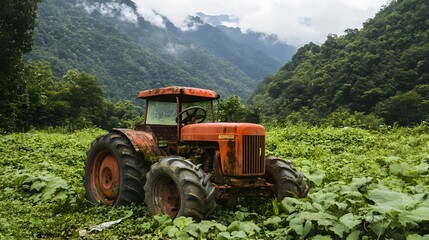 Fototapeta premium Rusty Old Tractor, Abandoned in the Forest, Overgrown with Vegetation, Abstract Image, Texture, Pattern Background, Wallpaper, Cover and Screen for Smartphone, PC, Laptop, 9:16 and 16:9 Format