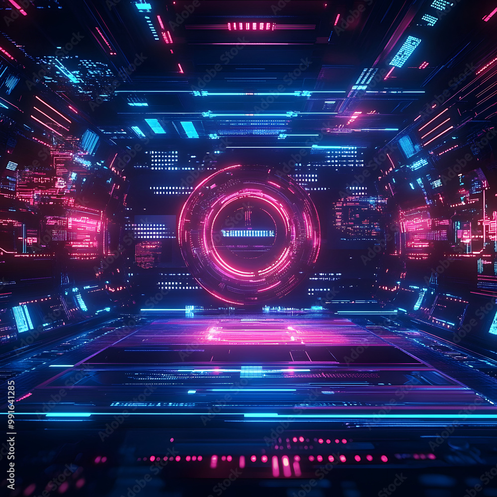 Poster abstract technology background for gaming interfaces, featuring futuristic hud elements, neon overla