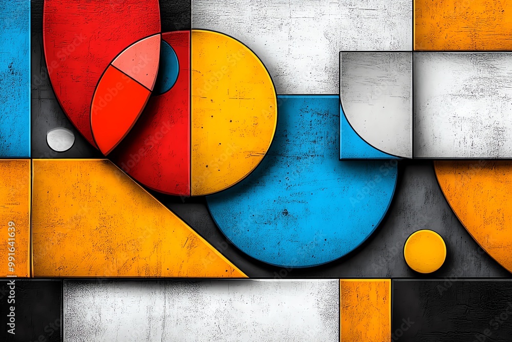 Poster a digital abstract artwork with bold geometric shapes, vibrant colors, and sharp contrasts, creating