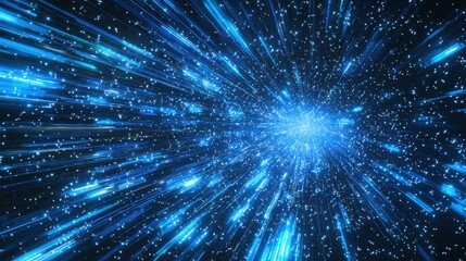 Naklejka premium Blue holographic light beams in motion across a tech-inspired digital space, evoking futuristic innovation and modern technology.