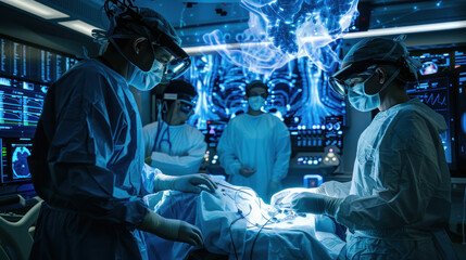 Fototapeta premium A surgeon practicing in a holographic simulation that adjusts in real-time based on the surgeon's actions, providing instant feedback and guidance