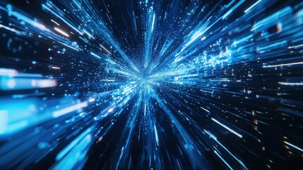 Naklejka premium Blue holographic light beams in motion across a tech-inspired digital space, evoking futuristic innovation and modern technology.