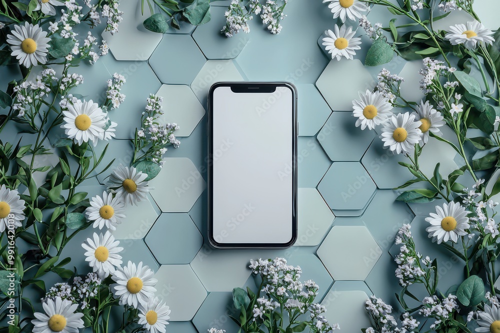 Poster modern smartphone with blank screen surrounded by daisies and greenery on hexagonal patterned surfac