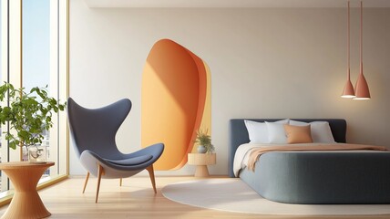 Minimalist Bedroom with Colorful Modern Chairs and Bed