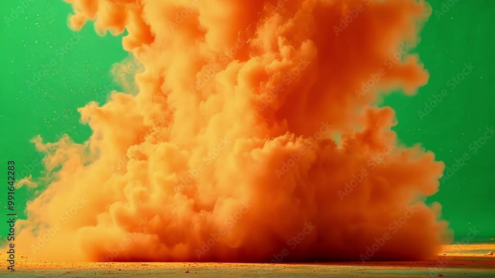 Aufkleber cloud of orange powder exploding against a green screen background, ideal for visual effects and mot