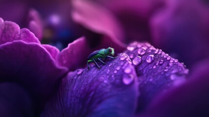 Green grasshopper, purple flower. Generative AI