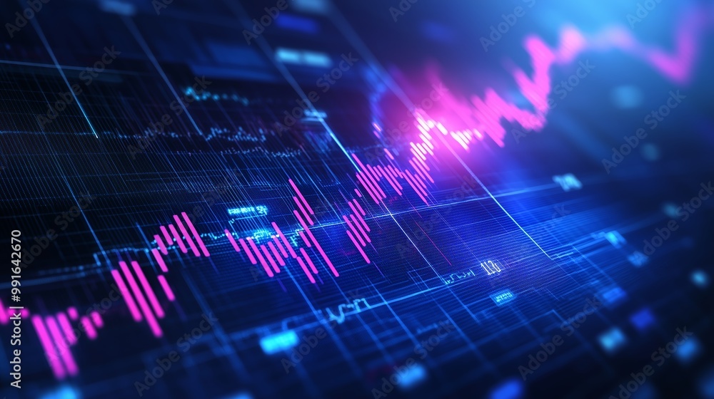 Poster digital stock market data visualization with fluctuating graphs and bright colors in a high-tech set