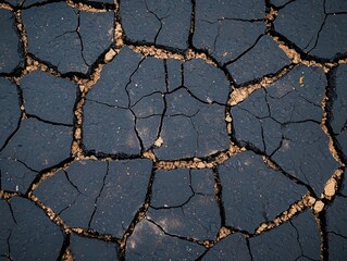 Obraz premium Worn asphalt with visible patchwork repairs and cracks, patched pavement, urban repair