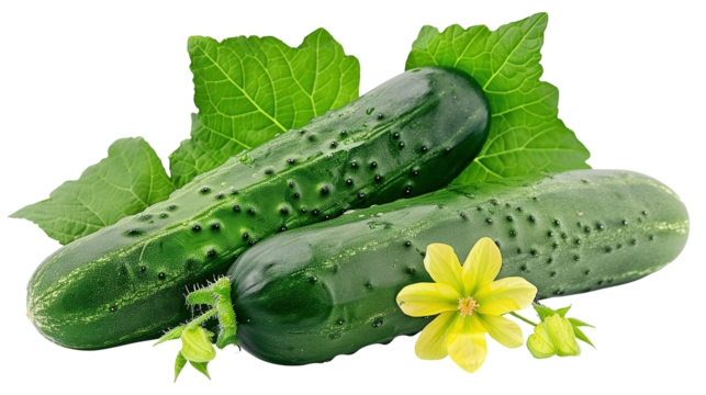 Fresh green cucumber with isolated leaves and flowers on transparent background