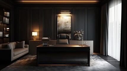 Interior of a chic dark office featuring a sleek desk, stylish sofa, and glowing lamps, creating a perfect balance between professional and cozy.