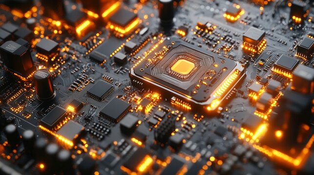 Close-up of a Circuit Board with Glowing Components