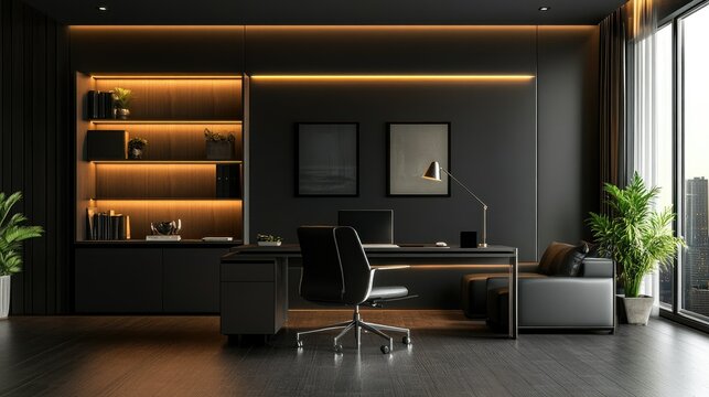 Interior of a modern dark office with a minimalist desk setup, sofa in the corner, and soft lighting from glowing lamps, perfect for creative workspace inspiration.
