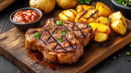 Grilled Pork Chops with Apple Sauce and Roasted Potatoes