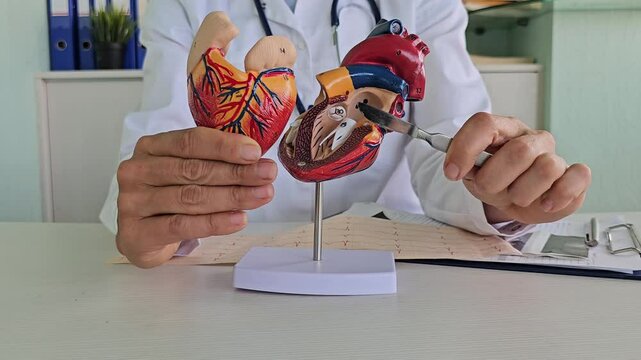 Hand of doctor cardiologist with scalpel anatomy of heart