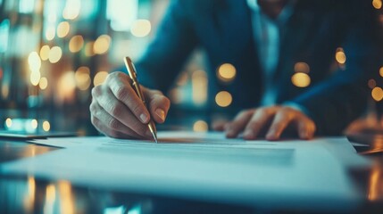 Close-up of a confident businessman signing a contract, with financial documents blurred in the background.  price guarantees and business security, capturing the essence of professionalism and trust 