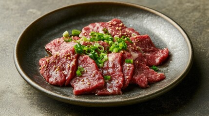 Fototapeta premium Japanese beef slices served on a traditional ceramic plate, garnished with green onions. A classic dish presentation for food blogs and culinary guides.