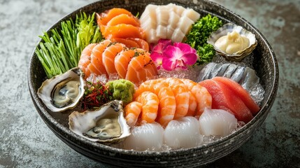 Japanese sashimi dish featuring oysters, shrimp, salmon, and sea urchin, accompanied by scallops and asparagus for a visually stunning seafood feast.