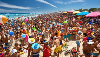 Summer beach day, dense crowd enjoying the sun, sea in the background