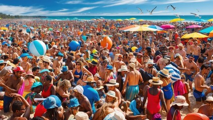Bustling coastal landscape, multitude of vacationers at a sandy beach