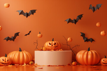 A Halloween scene with bats and pumpkins