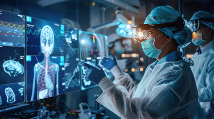 A surgeon training in a collaborative simulation with AI avatars, where they must work together to solve complex surgical challenges