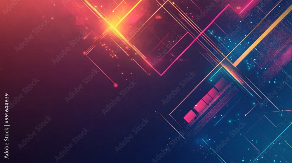 Poster geometric tech elements on a dark purple background, featuring clean lines and modern design with am