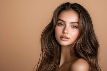 Beautiful young woman with long hair on brown background, closeup. Ad for shampoo conditioner hair products. Girl with beautiful healthy long shiny brown hair .geneative ai