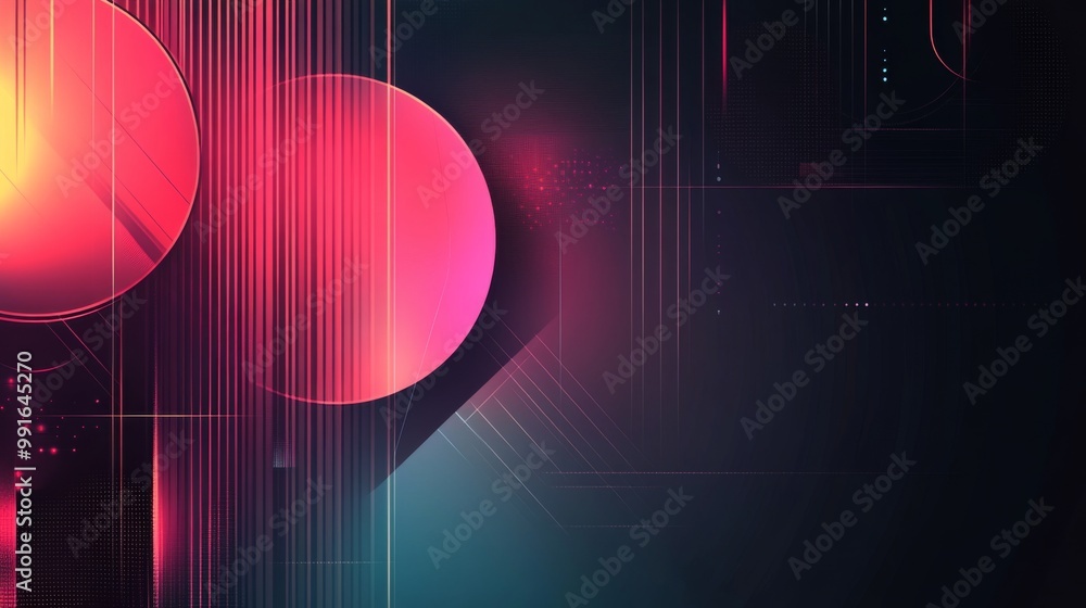 Poster geometric tech elements on a dark purple background, featuring clean lines and modern design with am