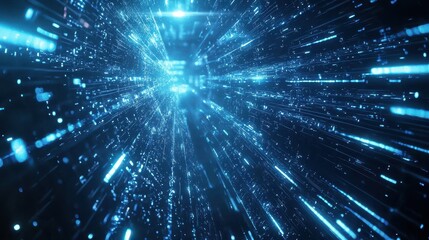 Fototapeta premium Dynamic blue beams of light flowing through a holographic grid of digital symbols, creating a futuristic technology atmosphere.