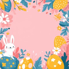 Naklejka premium A vibrant Easter-themed illustration featuring a cheerful bunny, colorful eggs, and floral elements on a pink background, greeting card with copy space in the middle