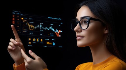 Data Driven Decisions: A focused businesswoman analyzes financial data on a futuristic, transparent display, showcasing her analytical skills and technological prowess.