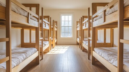 Hostel Bunk Beds Dormitory. Generative AI
